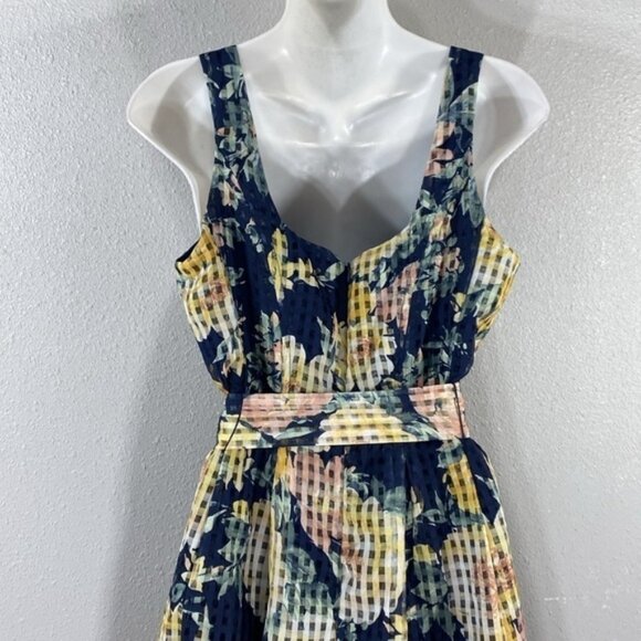 NWT Anne Klein navy floral belted check square fit and flare dress 8 UU10 - Picture 11 of 14